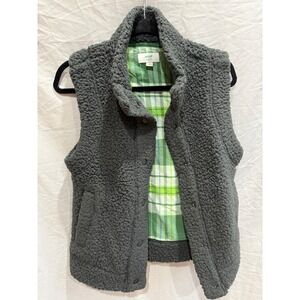 Aerie Sherpa Fleece Vest Green Plaid Lined Snap Front Women XXS
